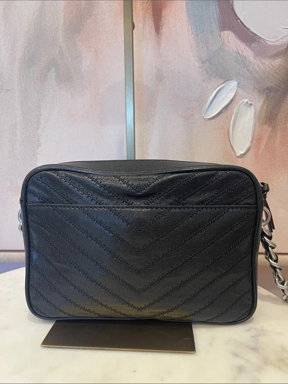 Tory Burch Black Leather Chevron Crossbody with Tassel